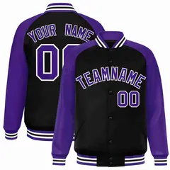 Black Purple-White Raglan Varsity Full-Snap Letterman Jacket