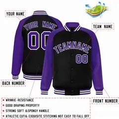 Black Purple-White Raglan Varsity Full-Snap Letterman Jacket 2