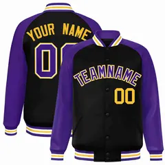 Black Purple-White Raglan Varsity Full-Snap Letterman Jacket 1
