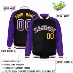 Black Purple-White Raglan Varsity Full-Snap Letterman Jacket 2
