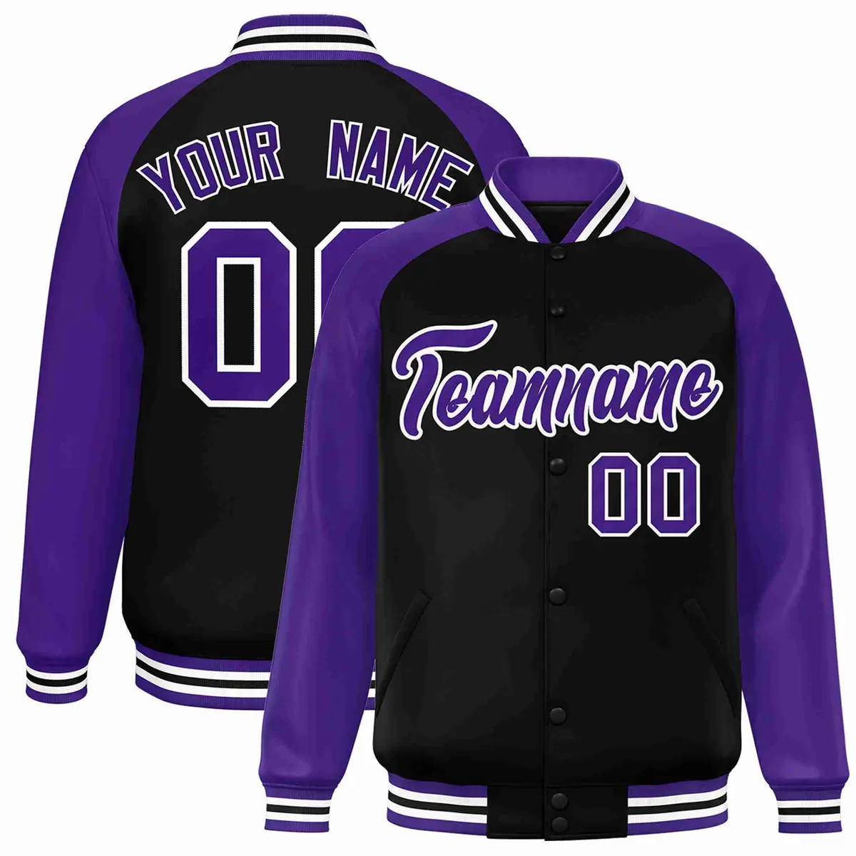 Black Purple-White Raglan Varsity Full-Snap Letterman Jacket
