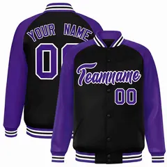 Black Purple-White Raglan Varsity Full-Snap Letterman Jacket