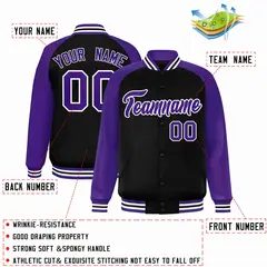 Black Purple-White Raglan Varsity Full-Snap Letterman Jacket 2