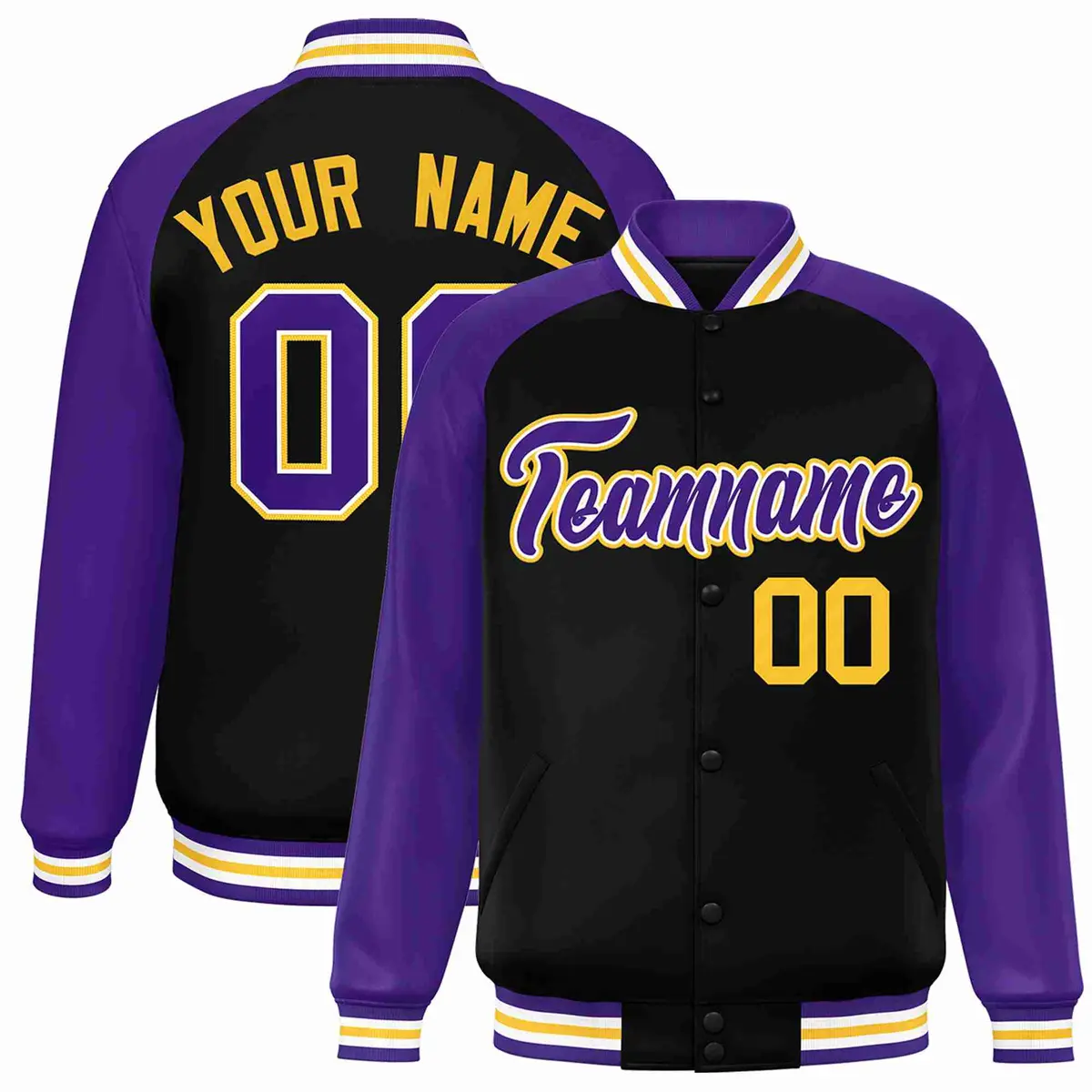 Black Purple-White Raglan Varsity Full-Snap Letterman Jacket