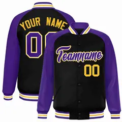 Black Purple-White Raglan Varsity Full-Snap Letterman Jacket 1