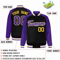 Black Purple-White Raglan Varsity Full-Snap Letterman Jacket 2