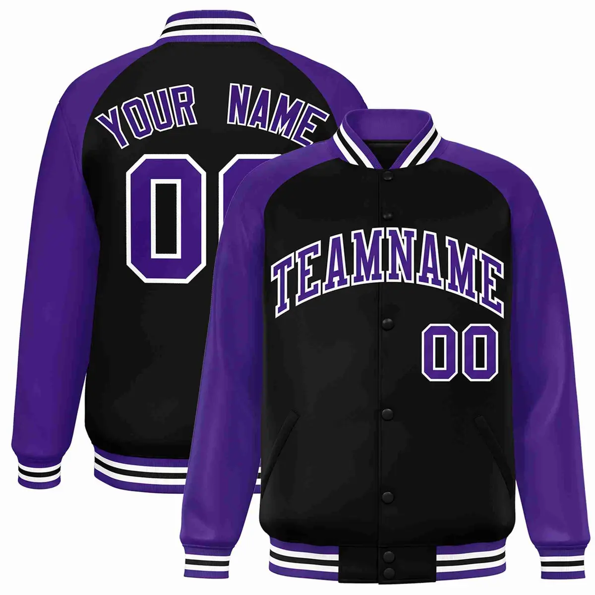 Black Purple-White Raglan Varsity Full-Snap Letterman Jacket