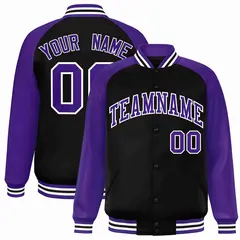Black Purple-White Raglan Varsity Full-Snap Letterman Jacket