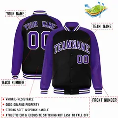 Black Purple-White Raglan Varsity Full-Snap Letterman Jacket 2
