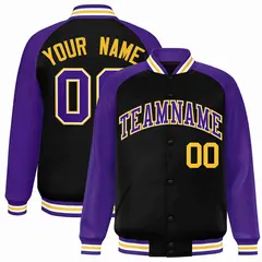 Black Purple-White Raglan Varsity Full-Snap Letterman Jacket 1