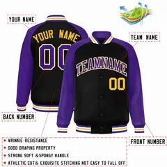 Black Purple-White Raglan Varsity Full-Snap Letterman Jacket 2