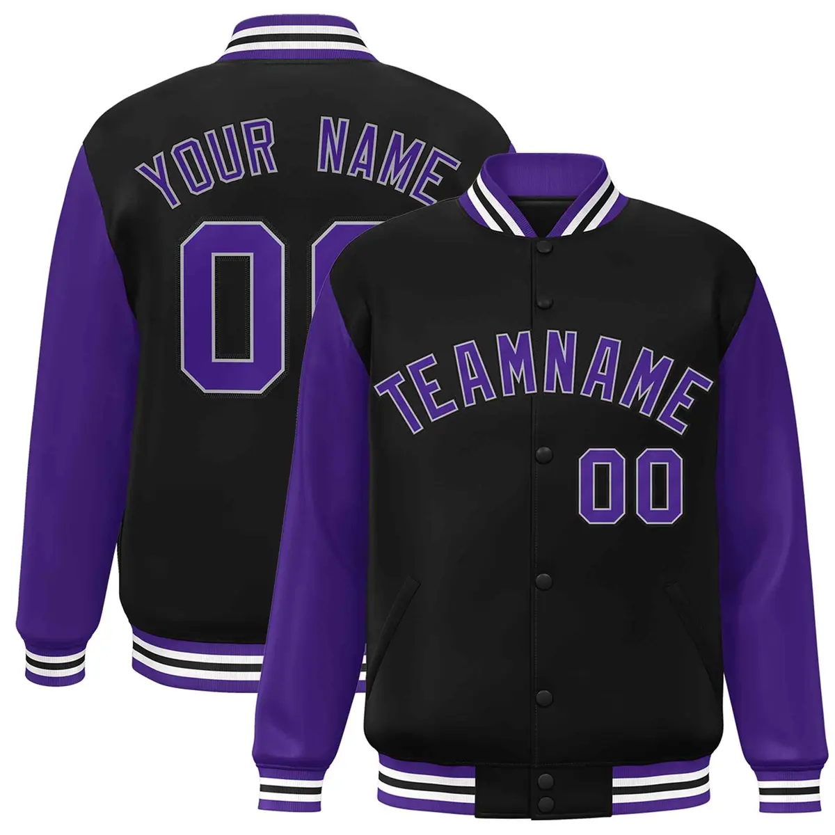 Black Purple-White Raglan Varsity Full-Snap Letterman Jacket