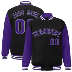 Black Purple-White Raglan Varsity Full-Snap Letterman Jacket 1