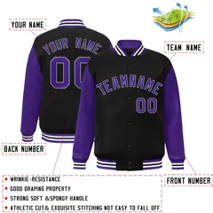 Black Purple-White Raglan Varsity Full-Snap Letterman Jacket 2