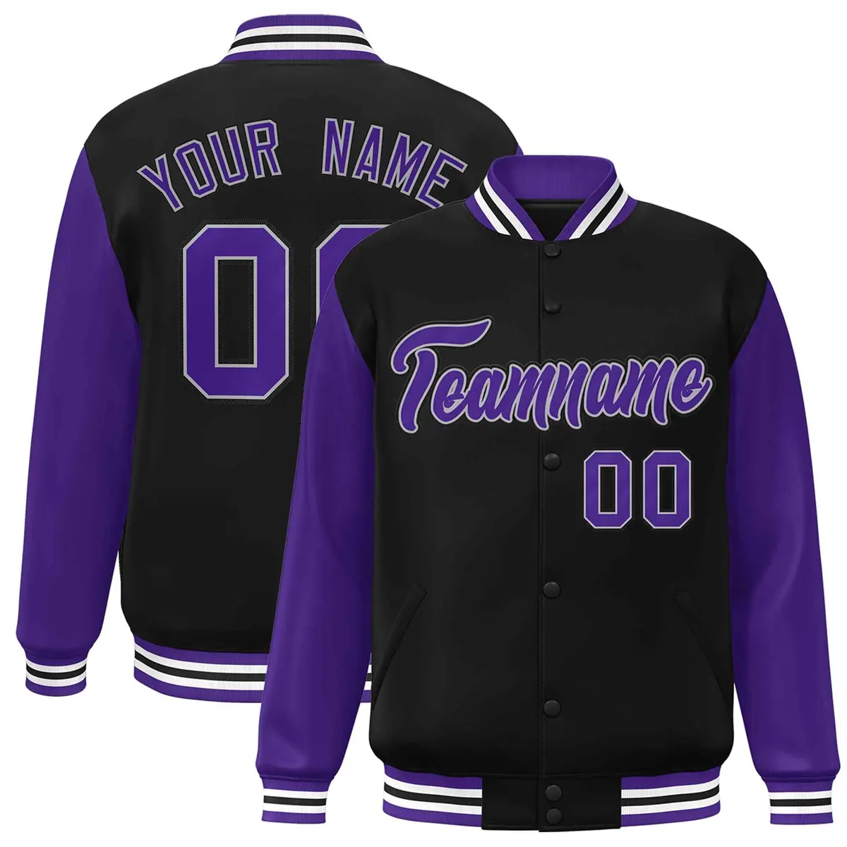Black Purple-White Raglan Varsity Full-Snap Letterman Jacket