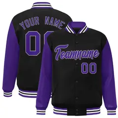 Black Purple-White Raglan Varsity Full-Snap Letterman Jacket 1