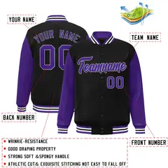 Black Purple-White Raglan Varsity Full-Snap Letterman Jacket 2