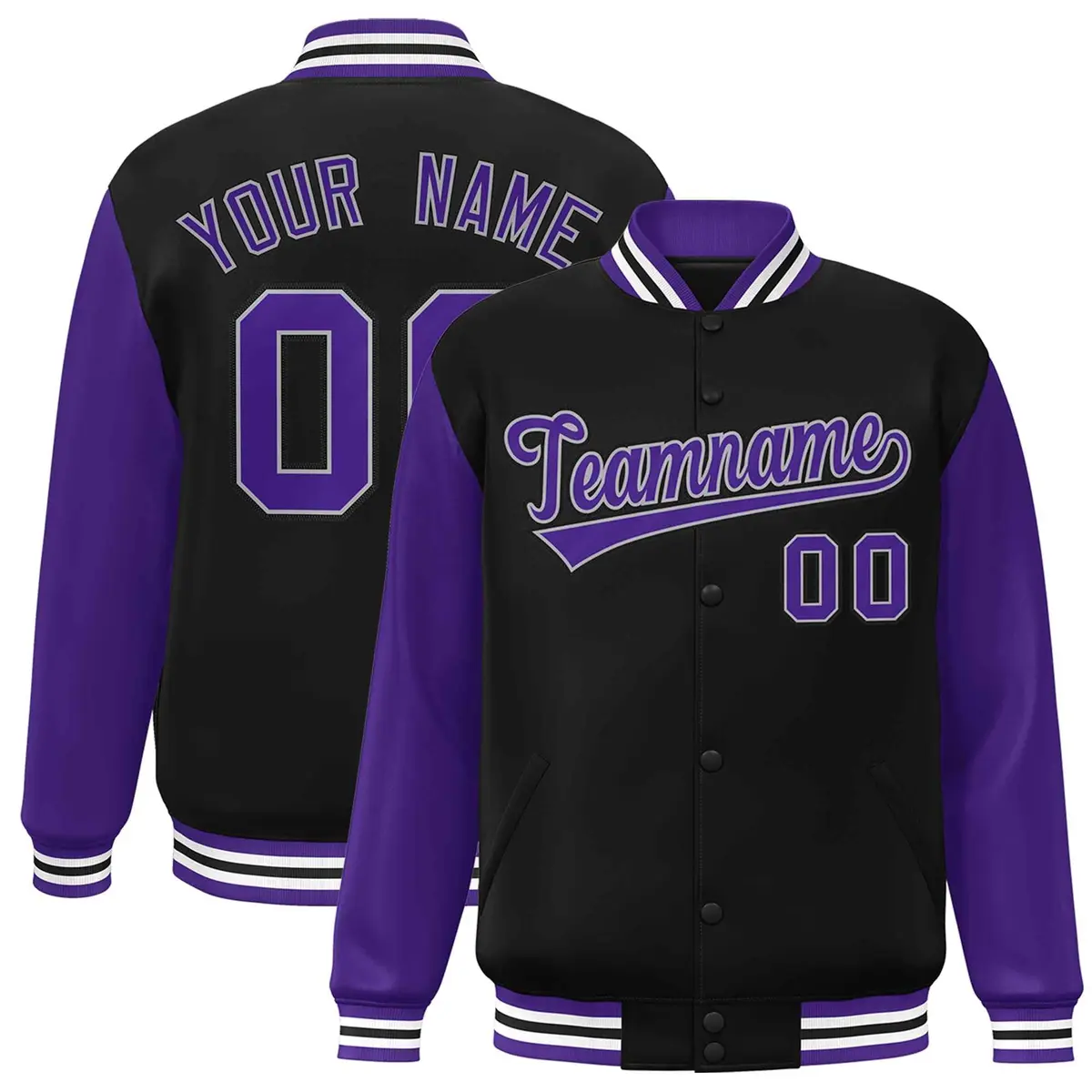 Black Purple-White Raglan Varsity Full-Snap Letterman Jacket