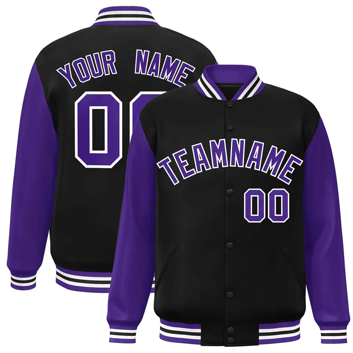 Black Purple-White Raglan Varsity Full-Snap Letterman Jacket