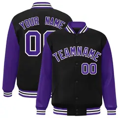 Black Purple-White Raglan Varsity Full-Snap Letterman Jacket 1