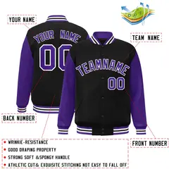 Black Purple-White Raglan Varsity Full-Snap Letterman Jacket 2