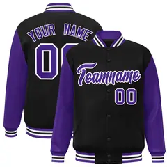 Black Purple-White Raglan Varsity Full-Snap Letterman Jacket 1