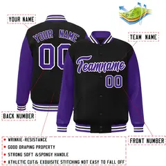 Black Purple-White Raglan Varsity Full-Snap Letterman Jacket 2