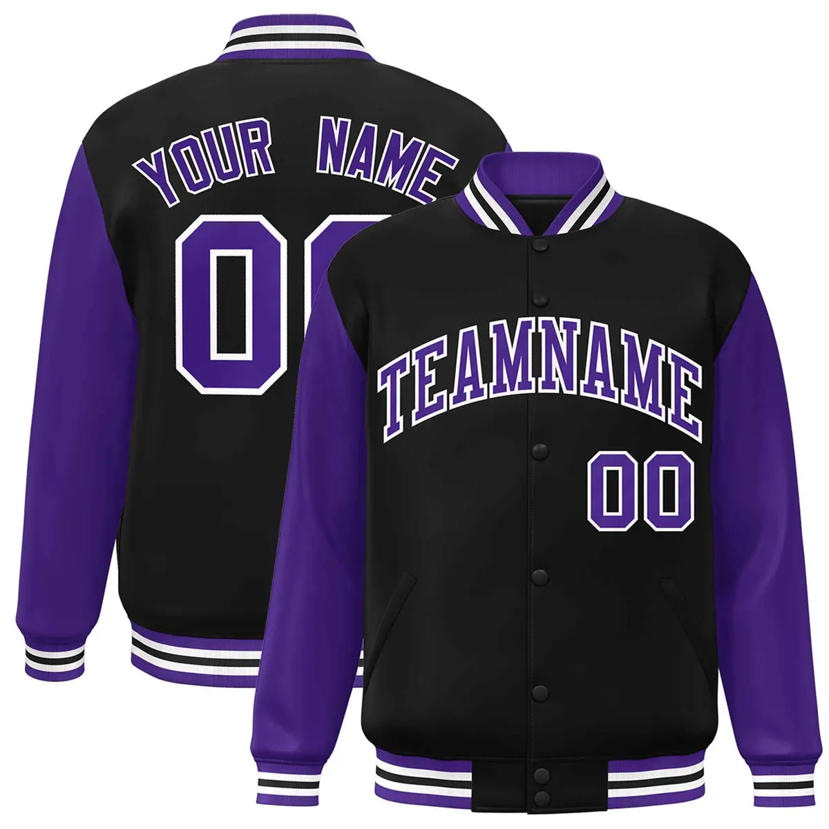 Black Purple-White Raglan Varsity Full-Snap Letterman Jacket