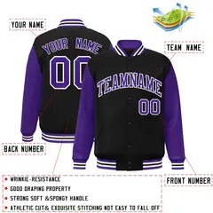 Black Purple-White Raglan Varsity Full-Snap Letterman Jacket 2