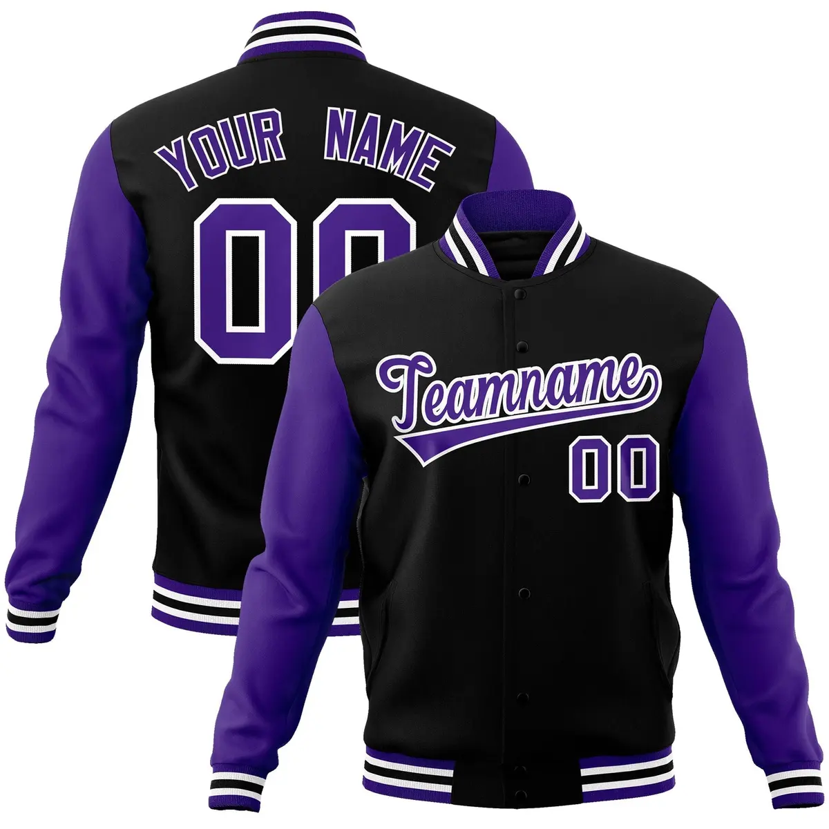 Black Purple-White Raglan Varsity Full-Snap Letterman Jacket