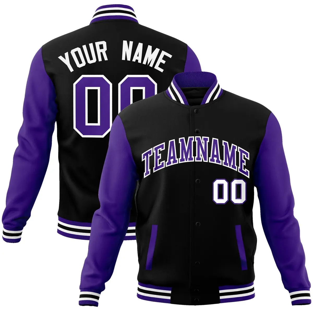 Black Purple-White Raglan Varsity Full-Snap Letterman Jacket