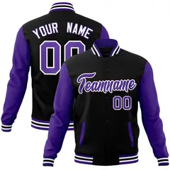 Black Purple-White Raglan Varsity Full-Snap Letterman Jacket