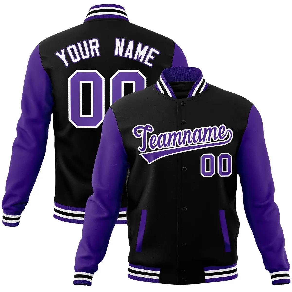 Black Purple-White Raglan Varsity Full-Snap Letterman Jacket