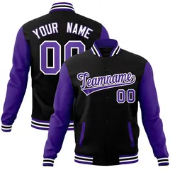Black Purple-White Raglan Varsity Full-Snap Letterman Jacket