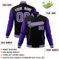 Black Purple-White Raglan Varsity Full-Snap Letterman Jacket 4