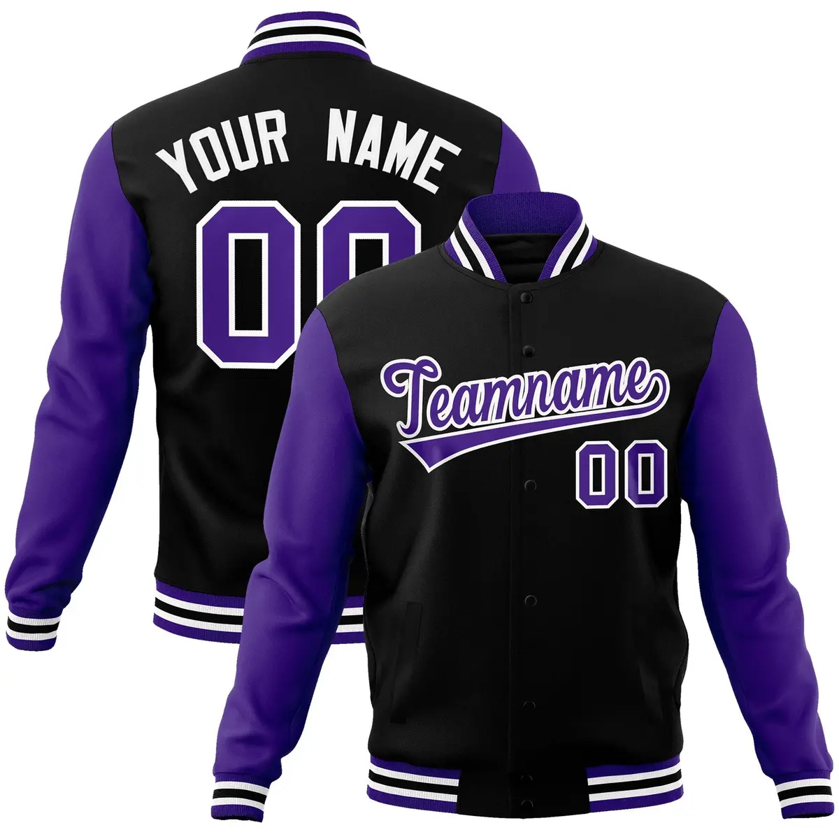 Black Purple-White Raglan Varsity Full-Snap Letterman Jacket