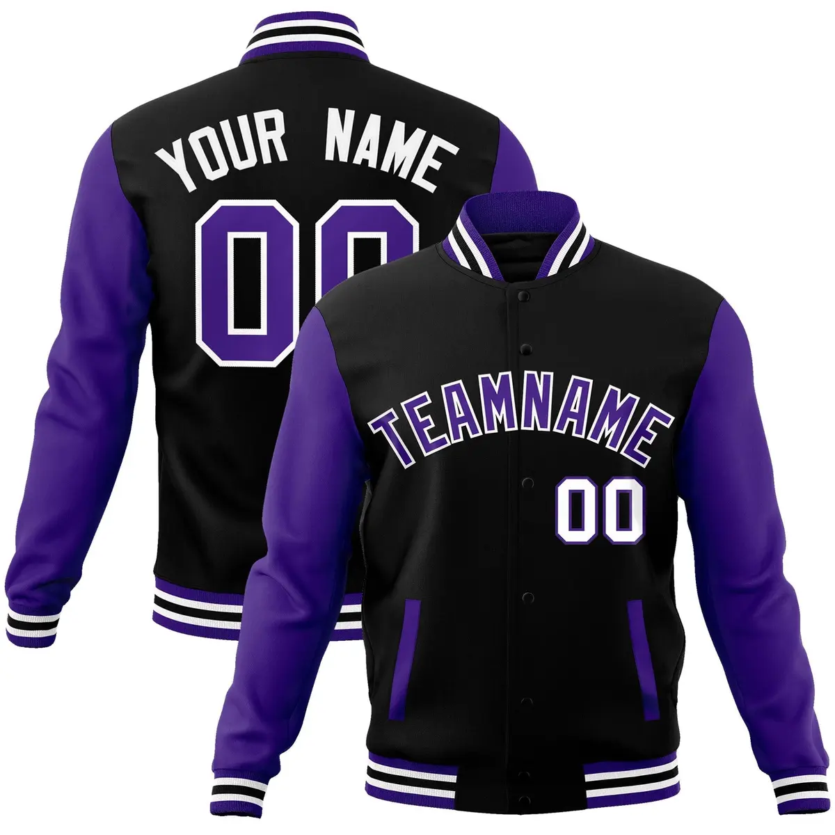Black Purple-White Raglan Varsity Full-Snap Letterman Jacket