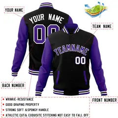 Black Purple-White Raglan Varsity Full-Snap Letterman Jacket 4