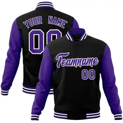 Black Purple-White Raglan Varsity Full-Snap Letterman Jacket
