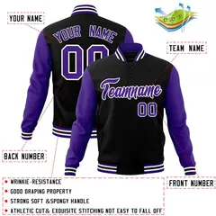 Black Purple-White Raglan Varsity Full-Snap Letterman Jacket 4