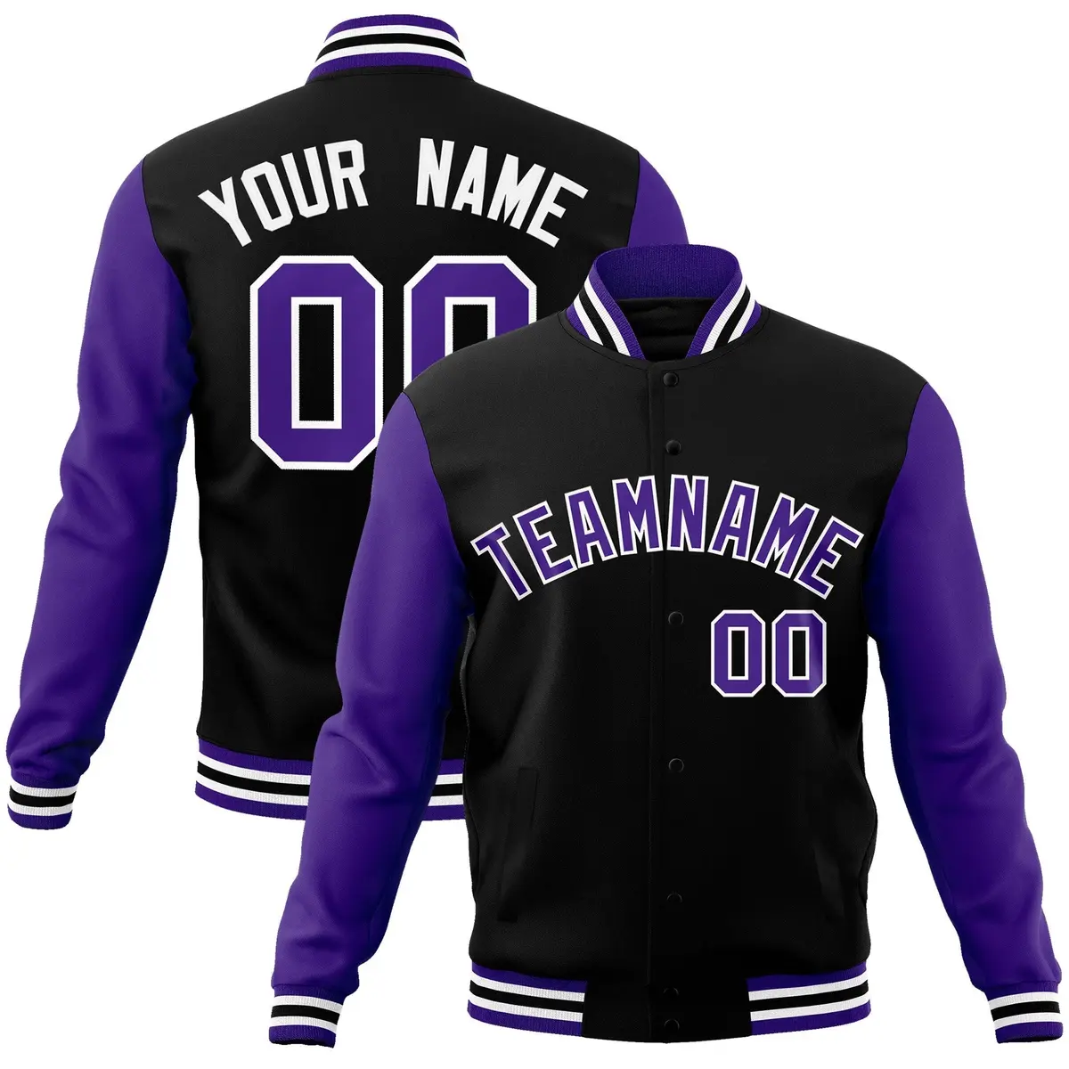Black Purple-White Raglan Varsity Full-Snap Letterman Jacket