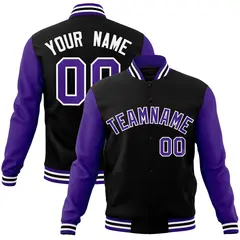 Black Purple-White Raglan Varsity Full-Snap Letterman Jacket
