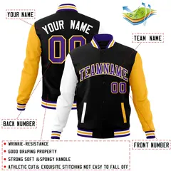 Black Purple-White Raglan Varsity Full-Snap Letterman Jacket 4