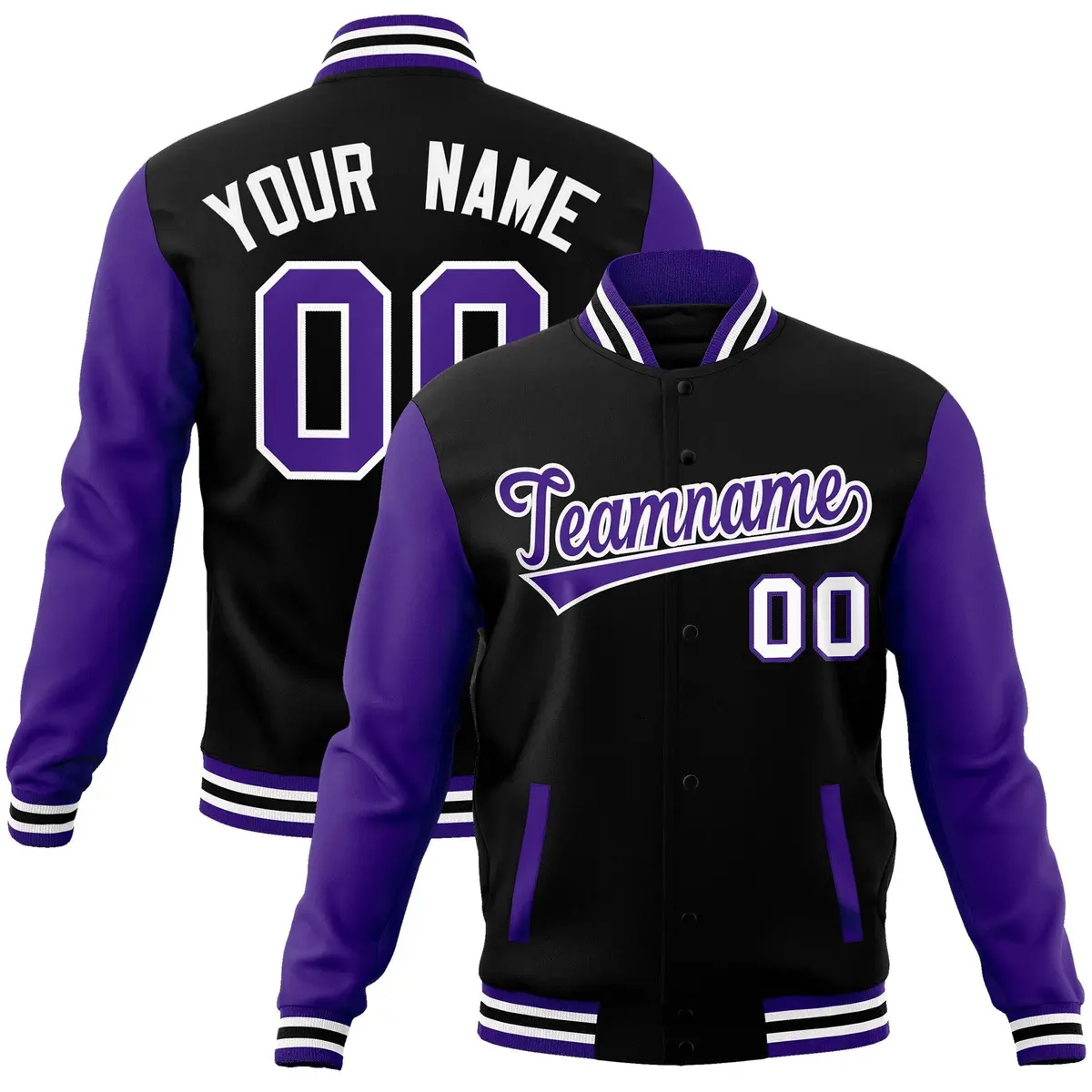 Black Purple-White Raglan Varsity Full-Snap Letterman Jacket