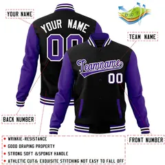 Black Purple-White Raglan Varsity Full-Snap Letterman Jacket 4