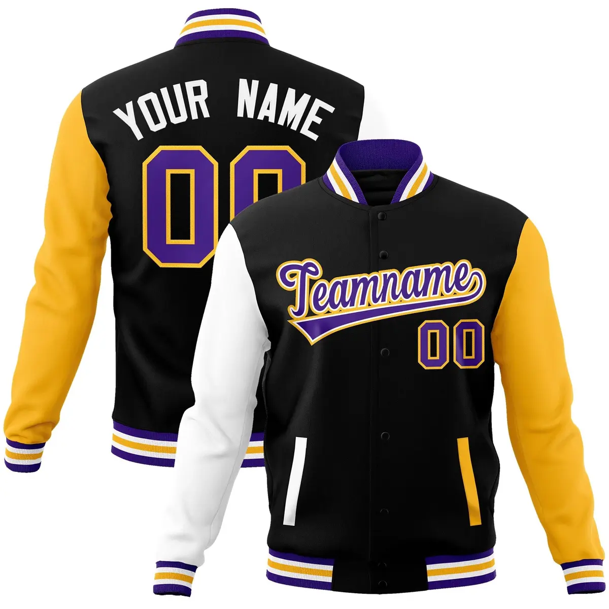 Black Purple-White Raglan Varsity Full-Snap Letterman Jacket