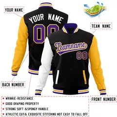 Black Purple-White Raglan Varsity Full-Snap Letterman Jacket 4