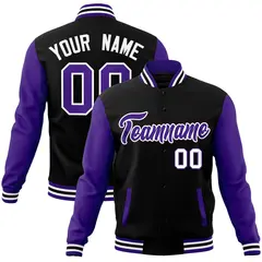 Black Purple-White Raglan Varsity Full-Snap Letterman Jacket 1