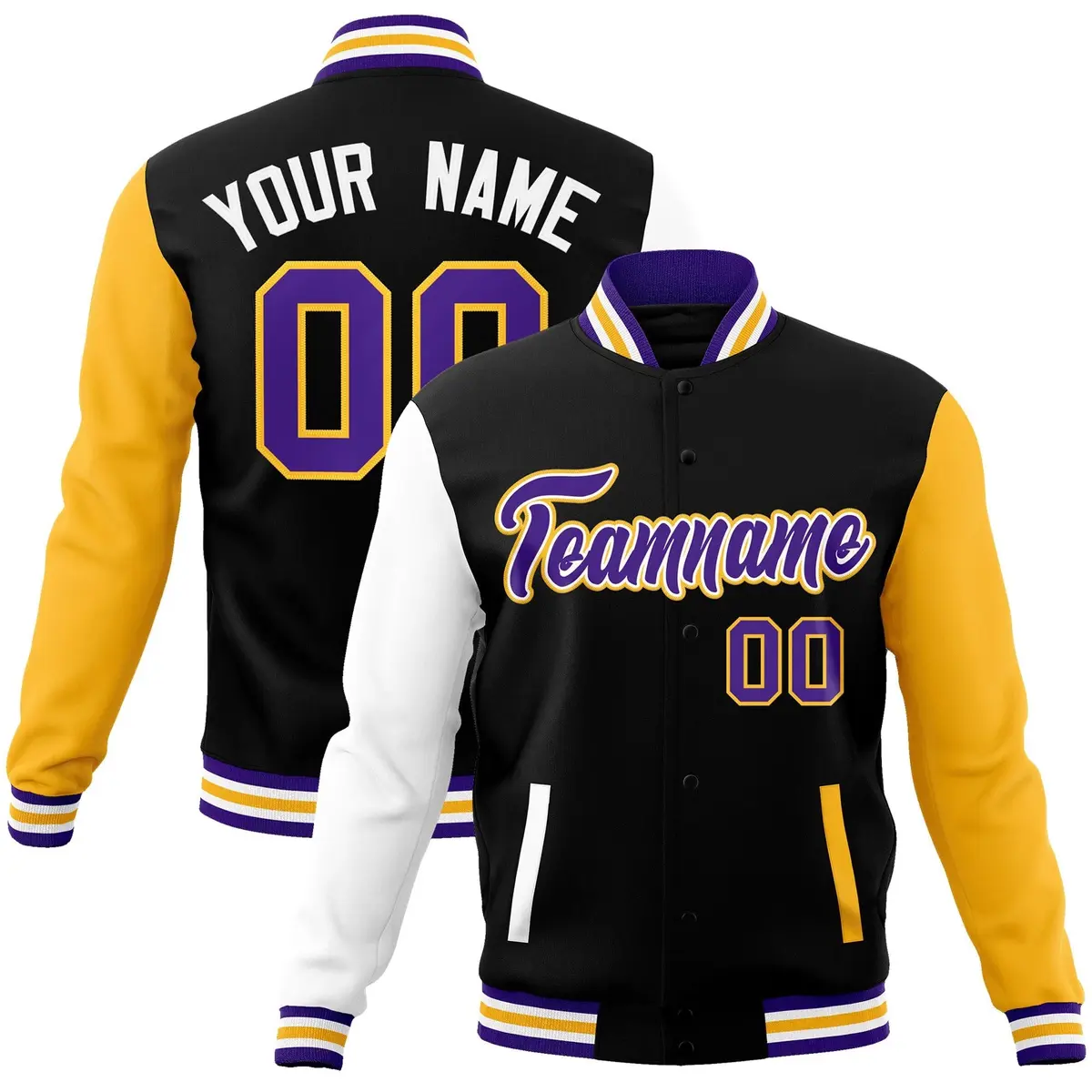 Black Purple-White Raglan Varsity Full-Snap Letterman Jacket
