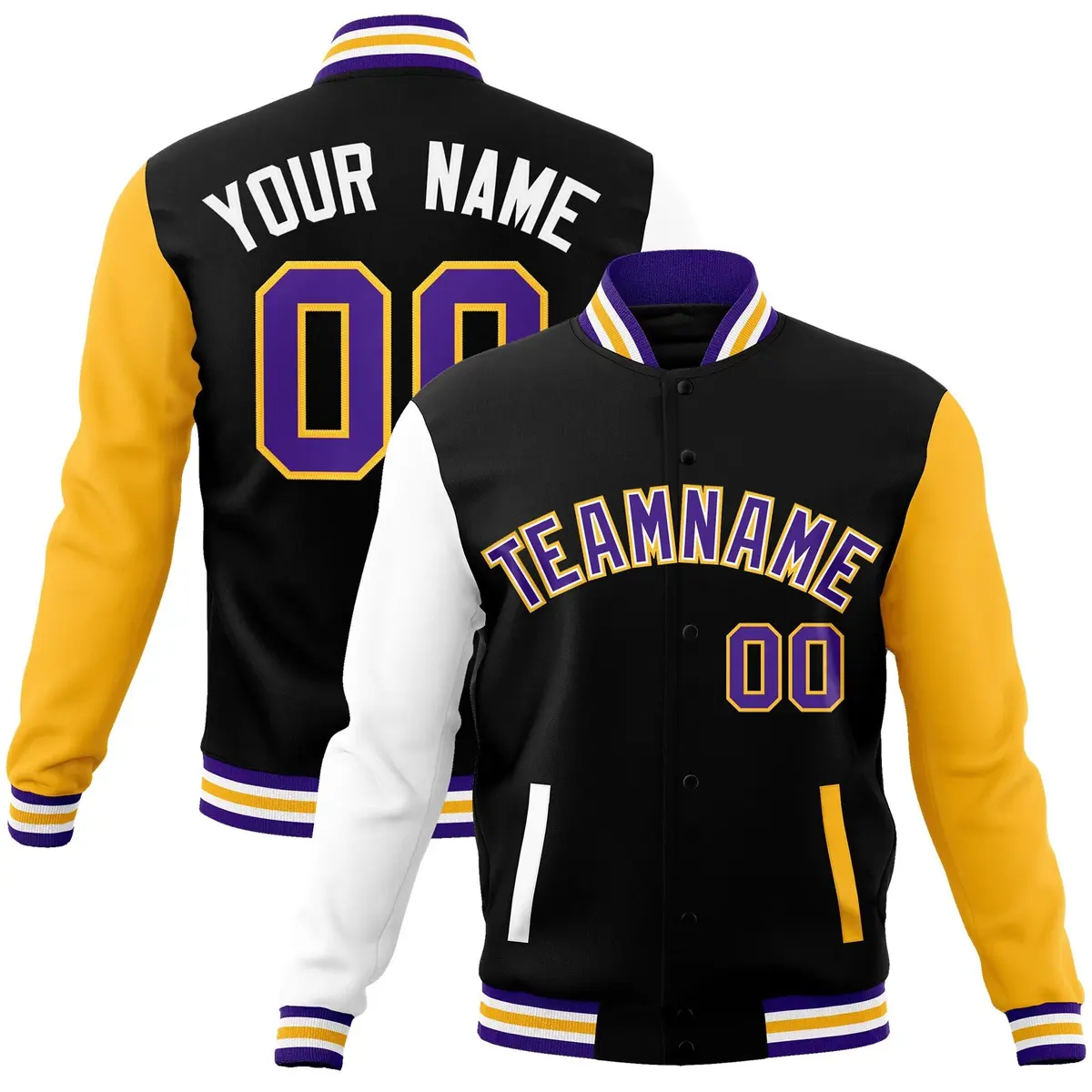 Black Purple-White Raglan Varsity Full-Snap Letterman Jacket